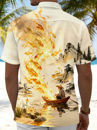 Art Golden Koi Lotus & Landscape Men's Pocket Short Sleeve Shirts