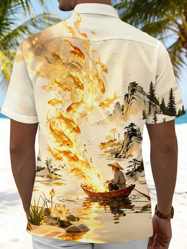 Art Golden Koi Lotus & Landscape Men's Pocket Short Sleeve Shirts