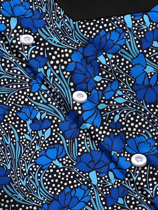 Men's floral short sleeve shirt close-up detail view
