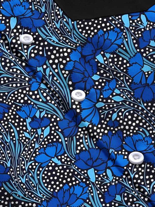Men's floral short sleeve shirt close-up detail view