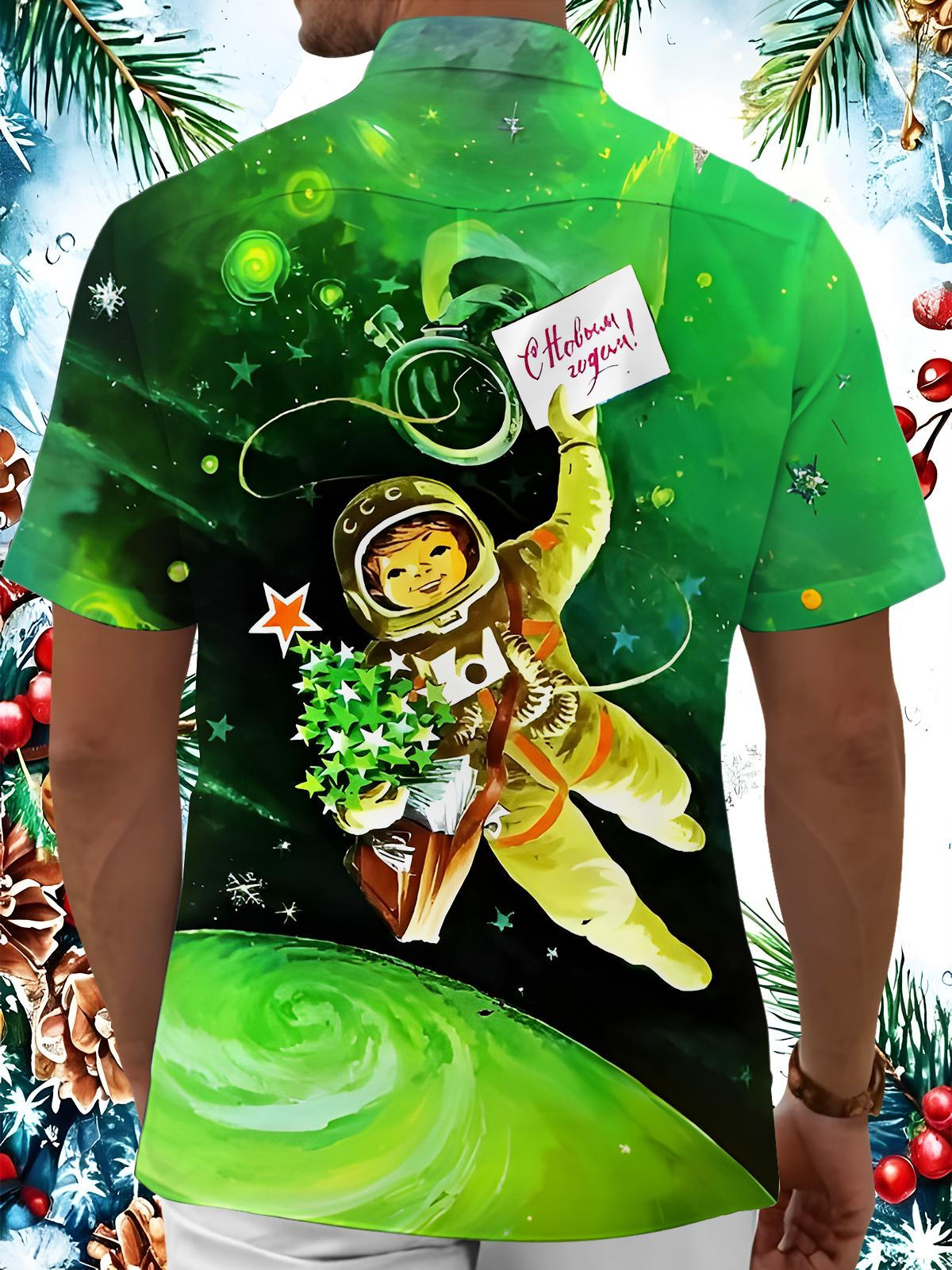 Fun Christmas Astronaut Xmas Men's Pocket Short Sleeve Shirts