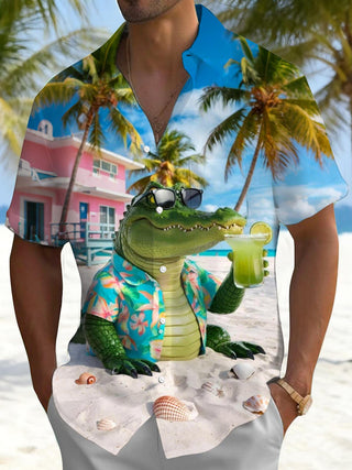 Men's Hawaiian crocodile print pocket short sleeve shirt front view for beach vacation