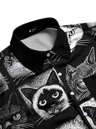 men's cat print short sleeve flat lay shirt