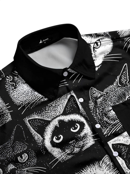 men's cat print short sleeve flat lay shirt
