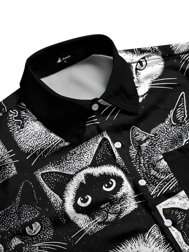 men's cat print short sleeve flat lay shirt