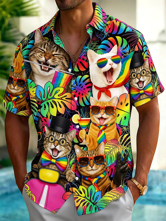 Colorful Cat Print Men's Pocket Short Sleeve Shirts