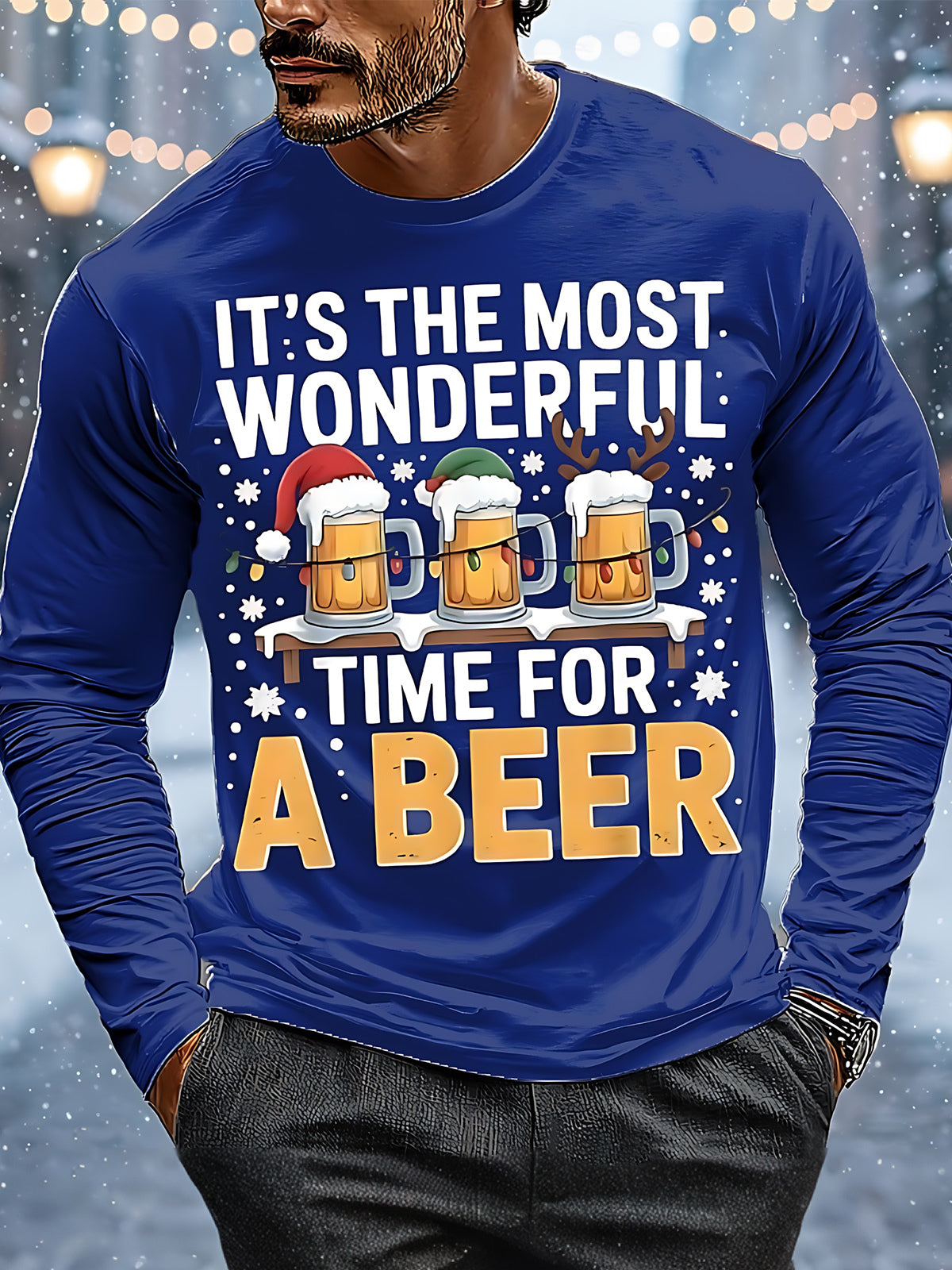 Christmas Beer Print Men's Long Sleeve Round Neck T-Shirt