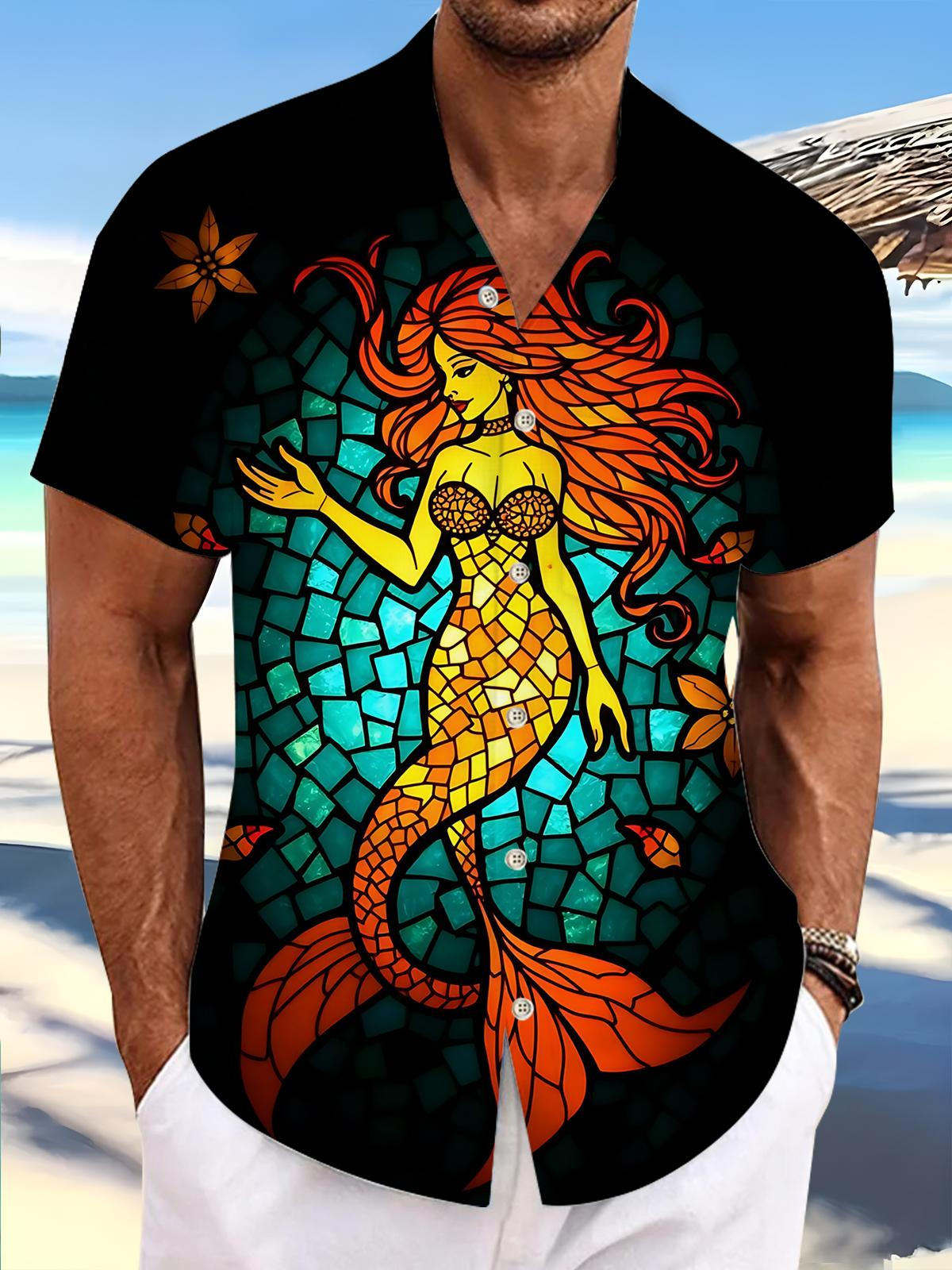 Mermaid Print Men's Pocket Short Sleeve Shirts