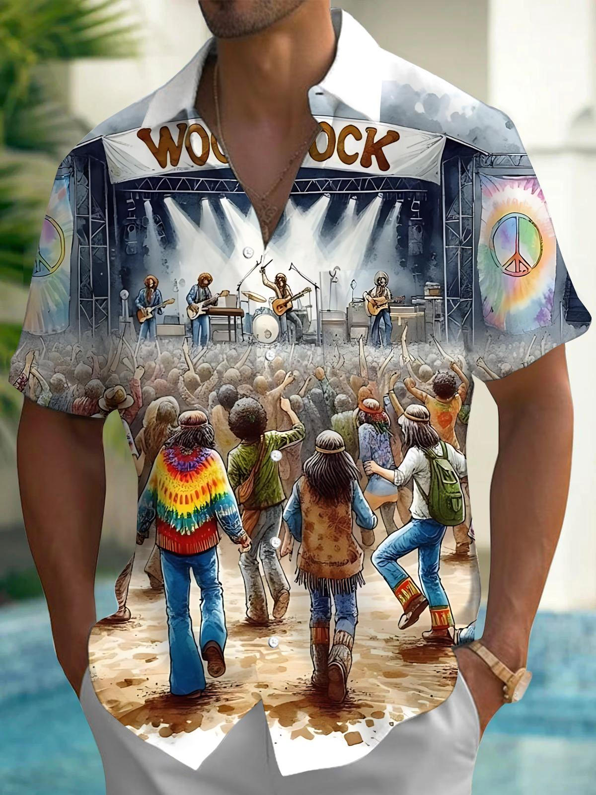 Music Festival Band Print Men's Pocket Short Sleeve Shirts