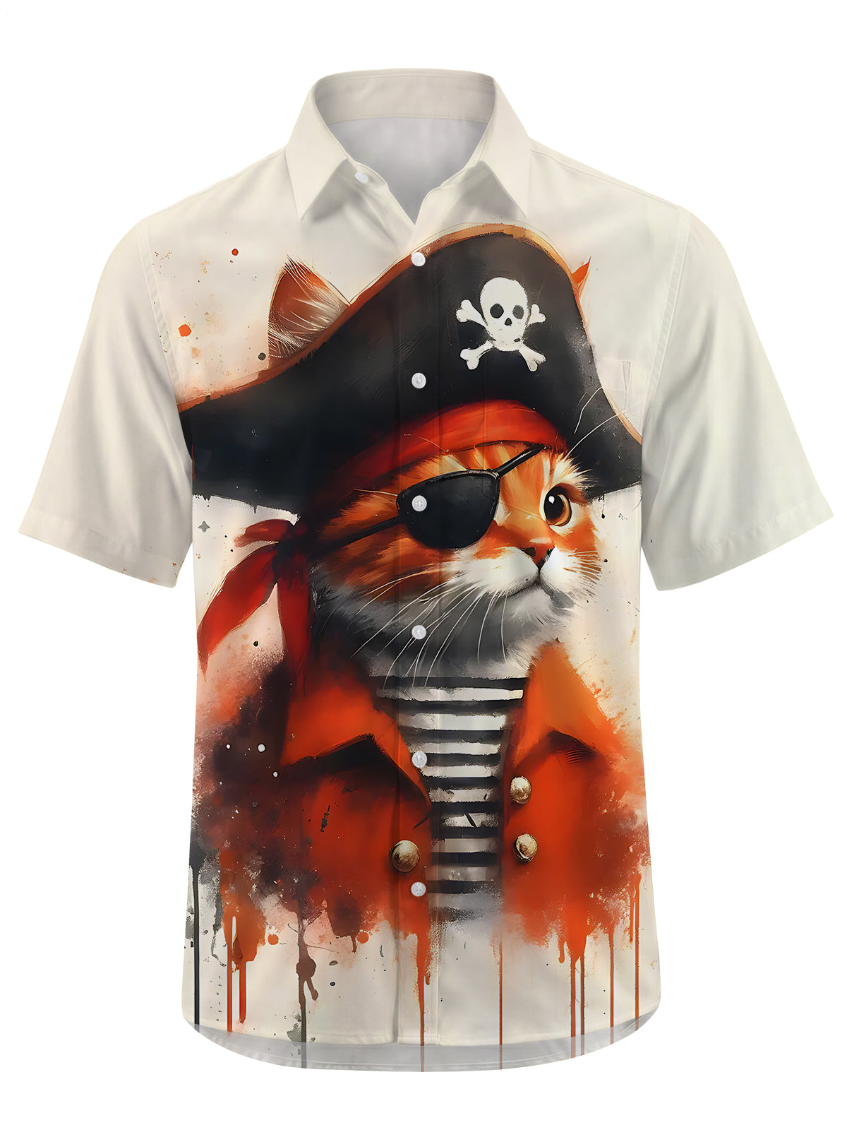 Pirate Cat Print Men's Pocket Short Sleeve Shirts