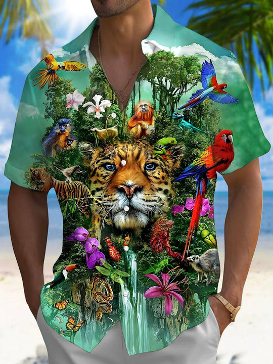 Men's short sleeve Hawaiian shirt front view for tropical beach vacation