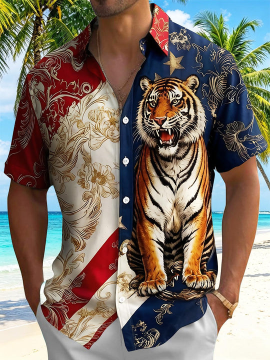 American Tiger Independence Day Men's Pocket Short Sleeve Shirts