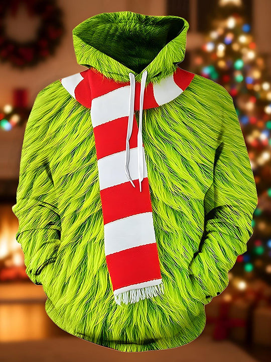 Men's funny Christmas long sleeve pullover hoodie front view for holiday party