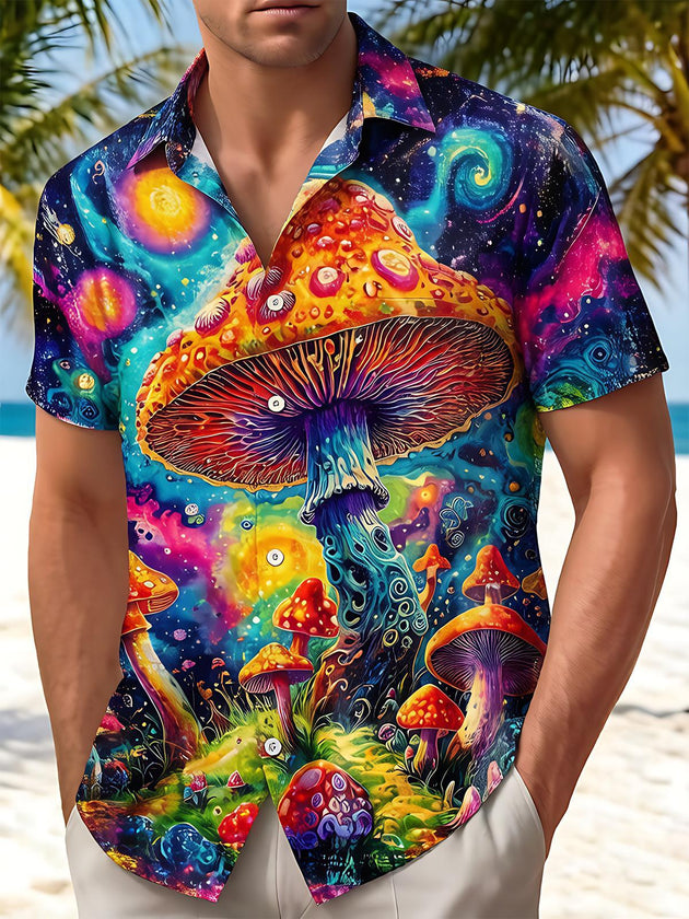 Psychedelic Nebula Colorful Magic Mushroom Men's Pocket Short Sleeve Shirts
