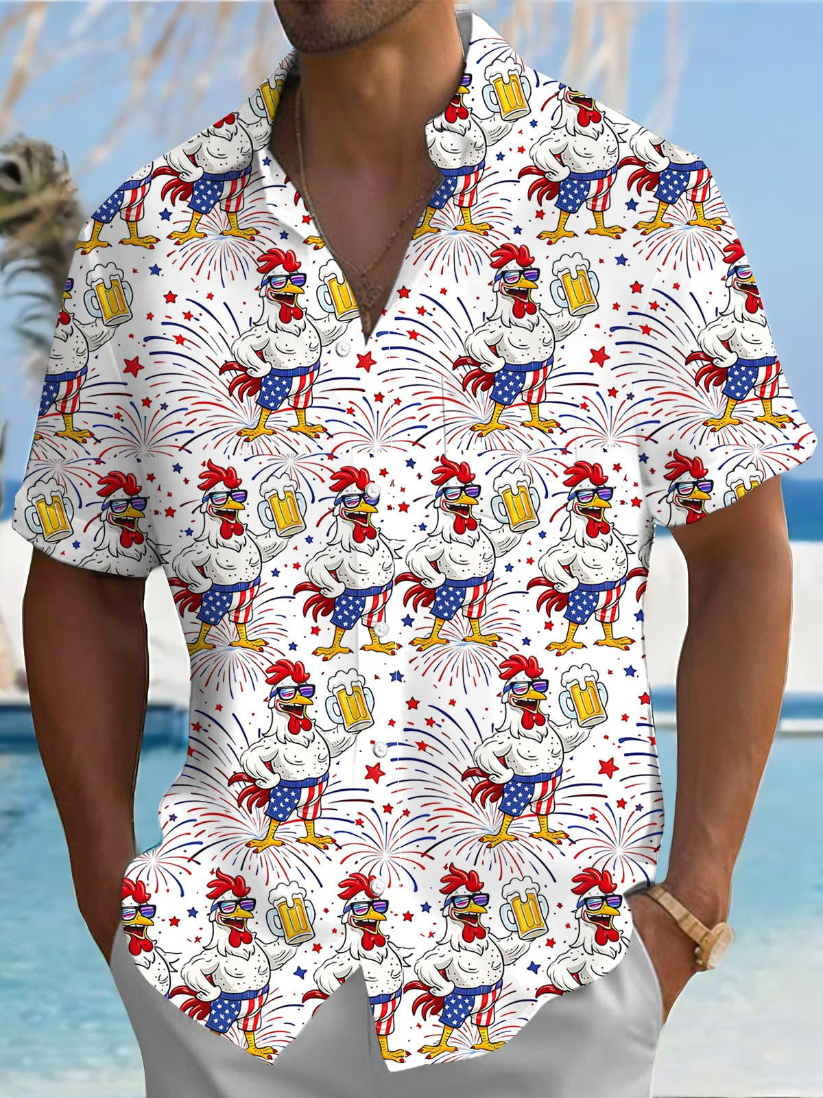 Men's American flag beer cartoon chicken print short sleeve shirt front view Independence Day