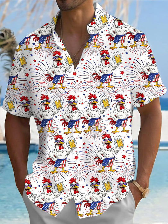 Men's American flag beer cartoon chicken print short sleeve shirt front view Independence Day