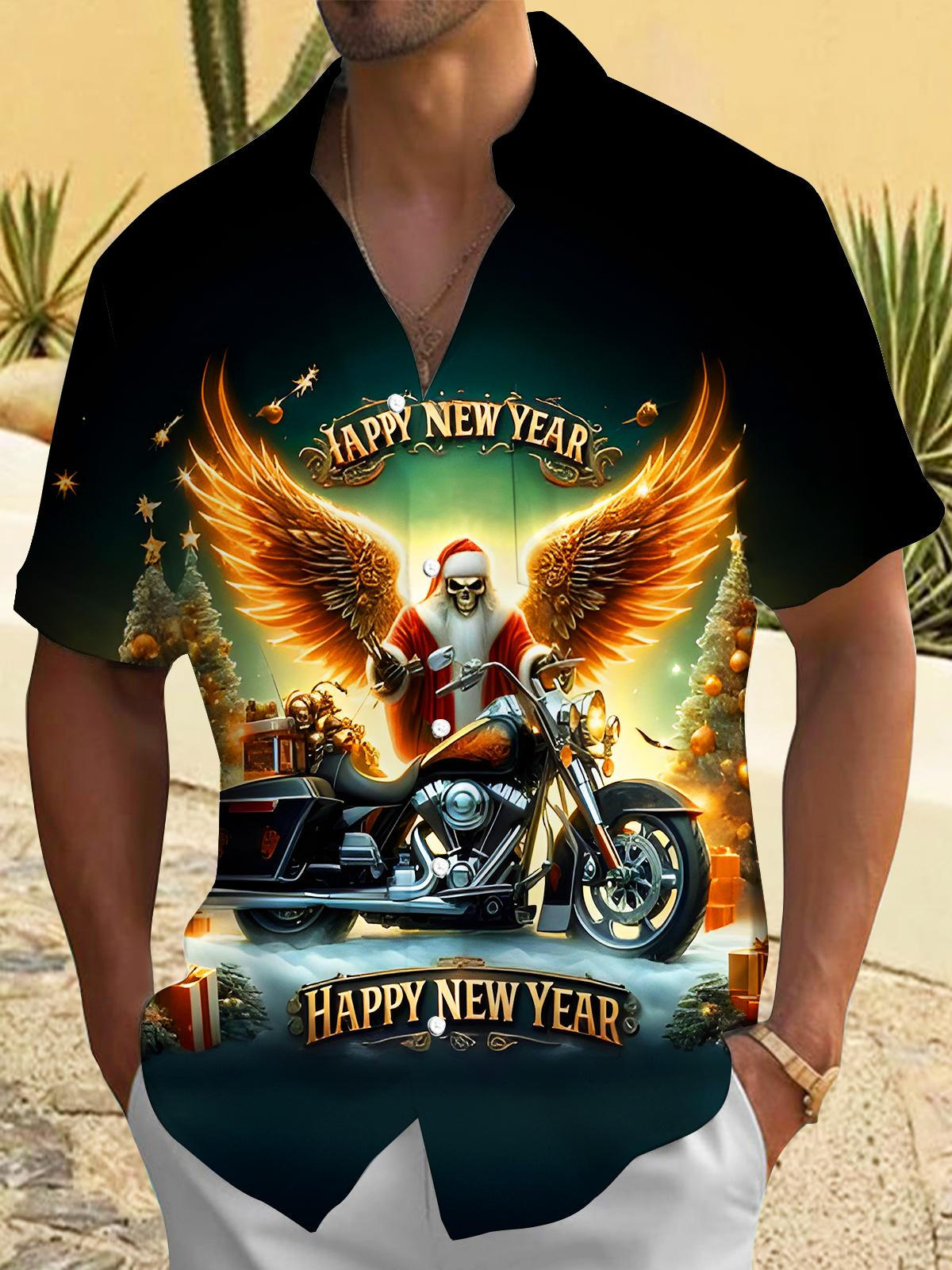 Fun New Year Skull Motorcycle Men's Pocket Short Sleeve Shirts
