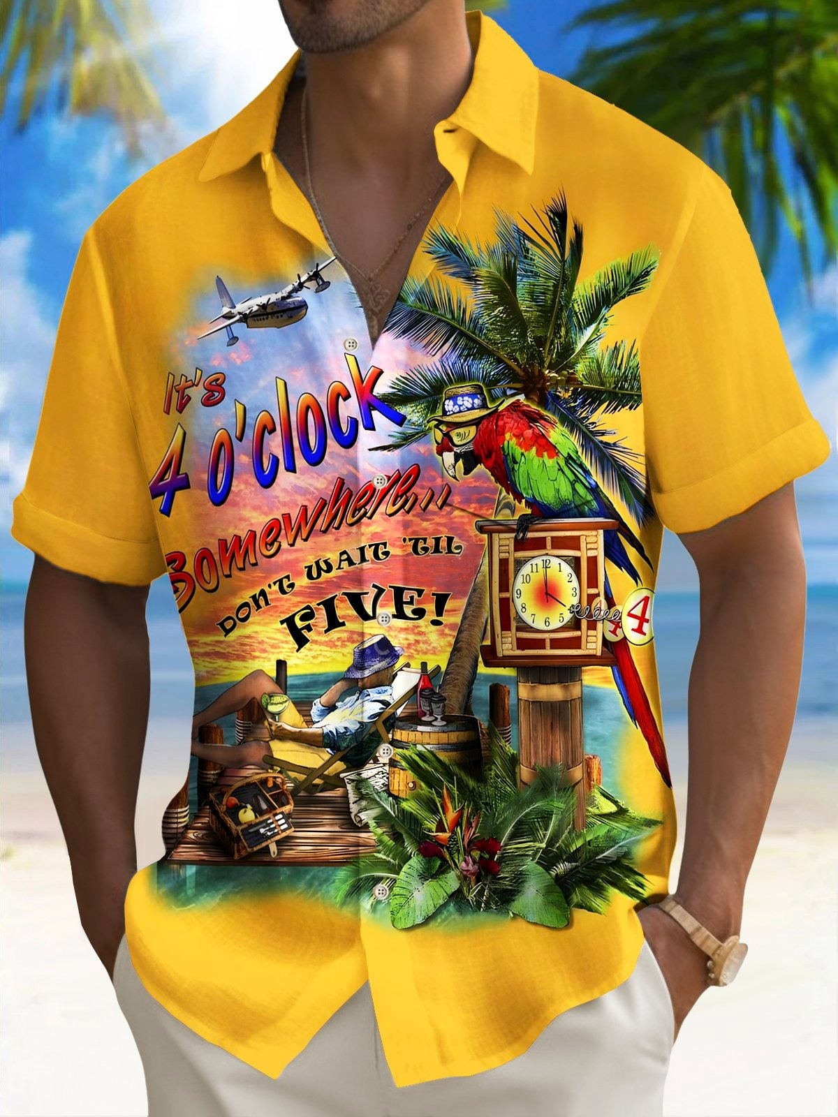 Hawaiian Parrot Print Men's Pocket Short Sleeve Shirts