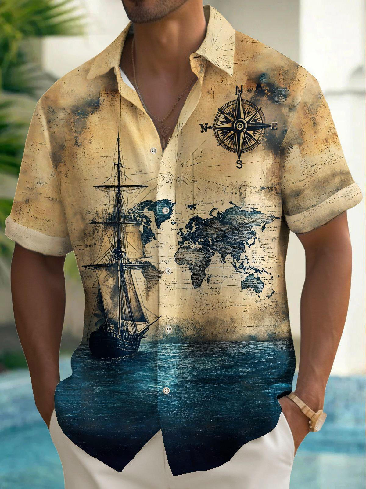 Hawaiian Sailing Sailboat Print Men's Pocket Short Sleeve Shirts