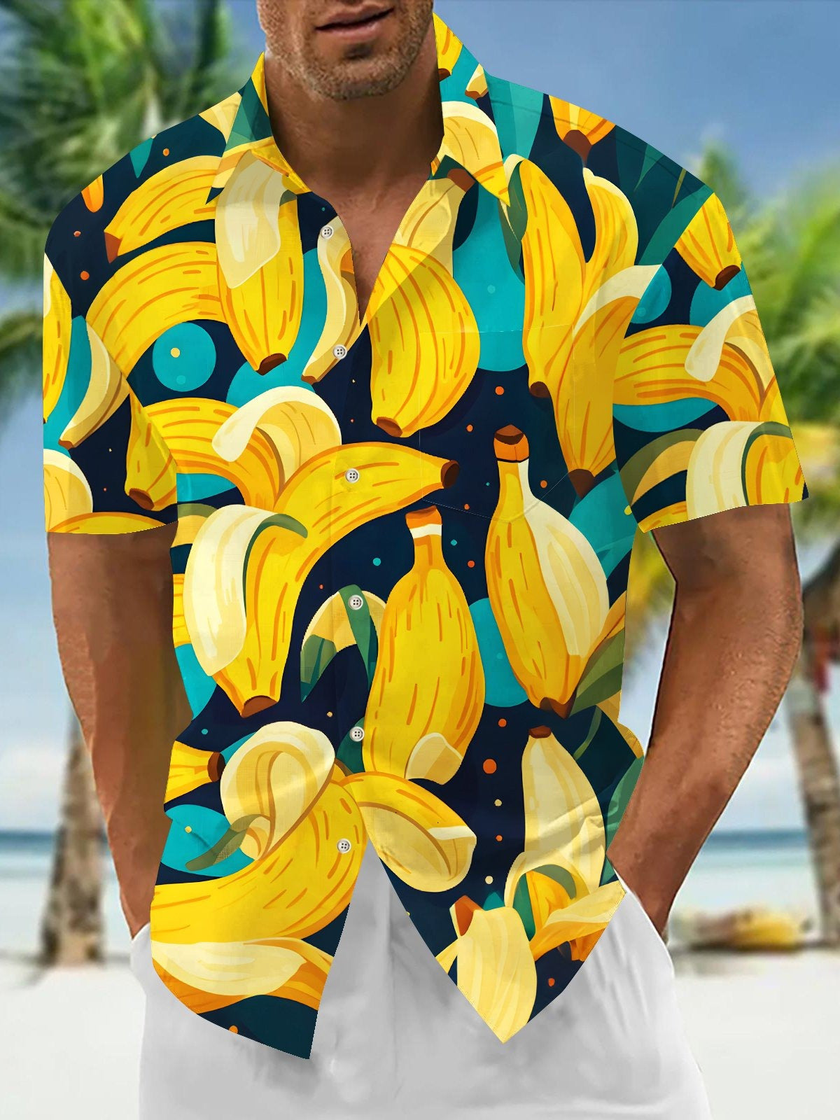 Hawaiian Banana Print Men's Pocket Short Sleeve Shirts