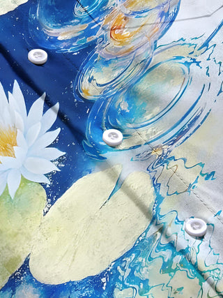 Men's short sleeve floral shirt flat lay with contrasting water ripple pattern detail