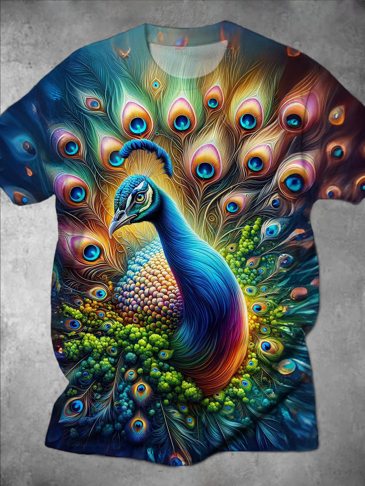 Peacock Print Round Neck Short Sleeve Men's T-shirt