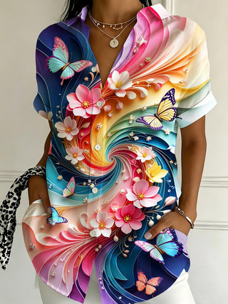 Colorful Swirl Floral & Butterfly Women's Short Sleeve Shirts