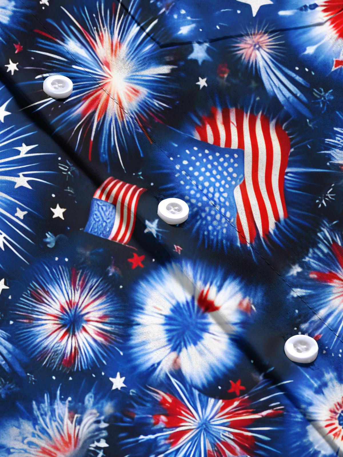 Independence Day Fireworks Print Men's Pocket Short Sleeve Shirts