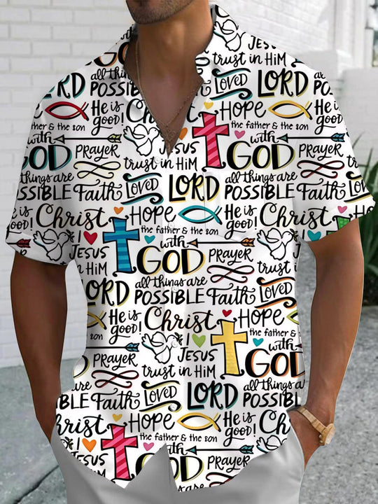 Men's Christian print pocket short sleeve shirt front view