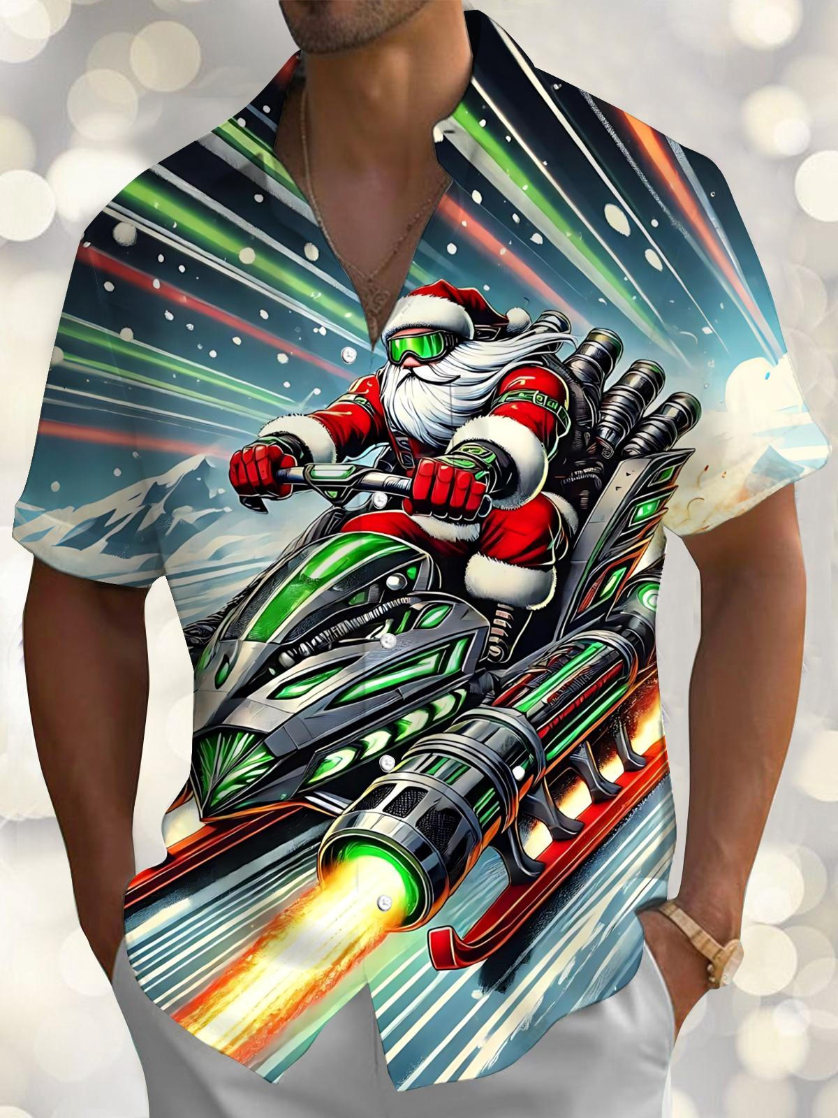 Christmas Santa Claus Print Men's Pocket Short Sleeve Shirts