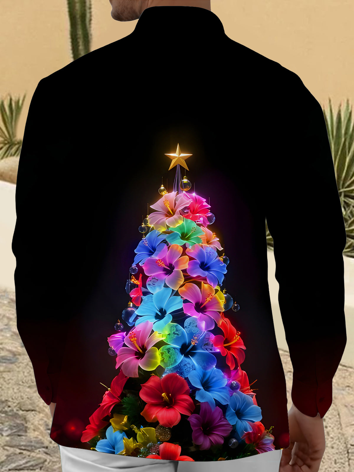Colorful Christmas Floral Tree Xmas Men's Pocket Long Sleeve Shirts