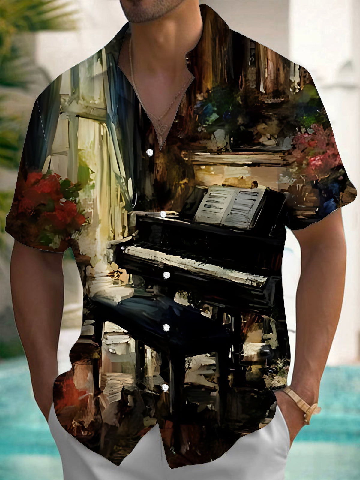 Piano Painting Print Men's Pocket Short Sleeve Shirts