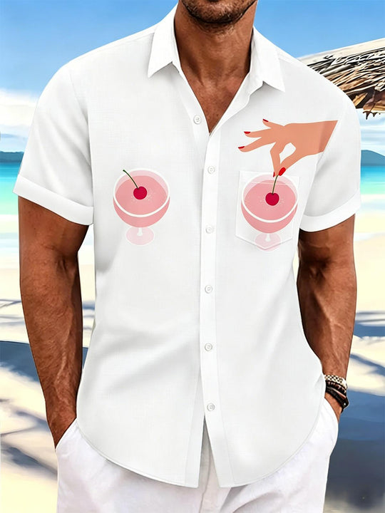 Fun Cherry Cocktail Wine Men's Pocket Short Sleeve Shirts