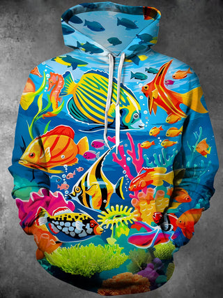 Men's colorful fish print long sleeve hooded sweatshirt back view