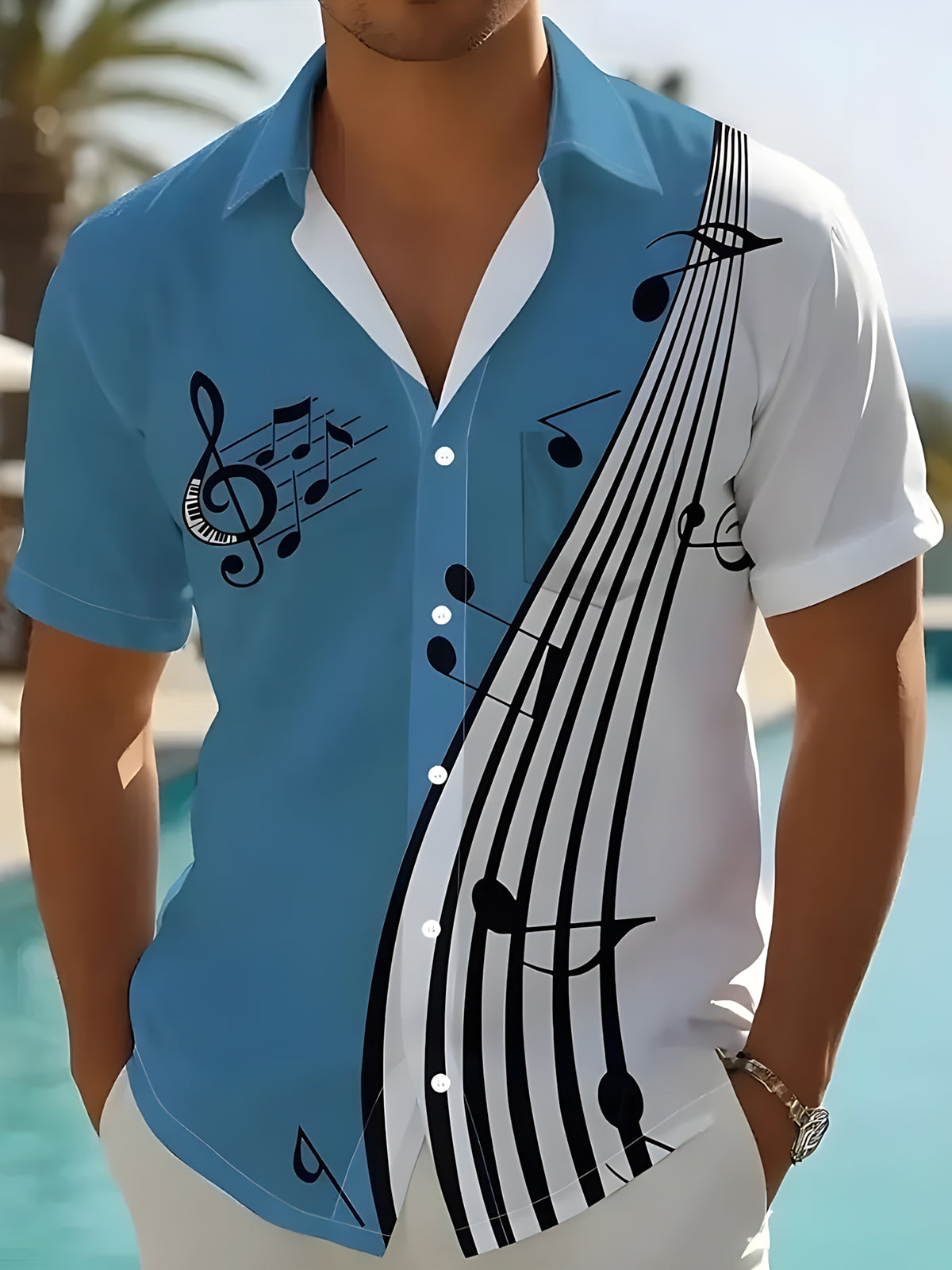 Musical Note Print Men's Pocket Short Sleeve Shirts