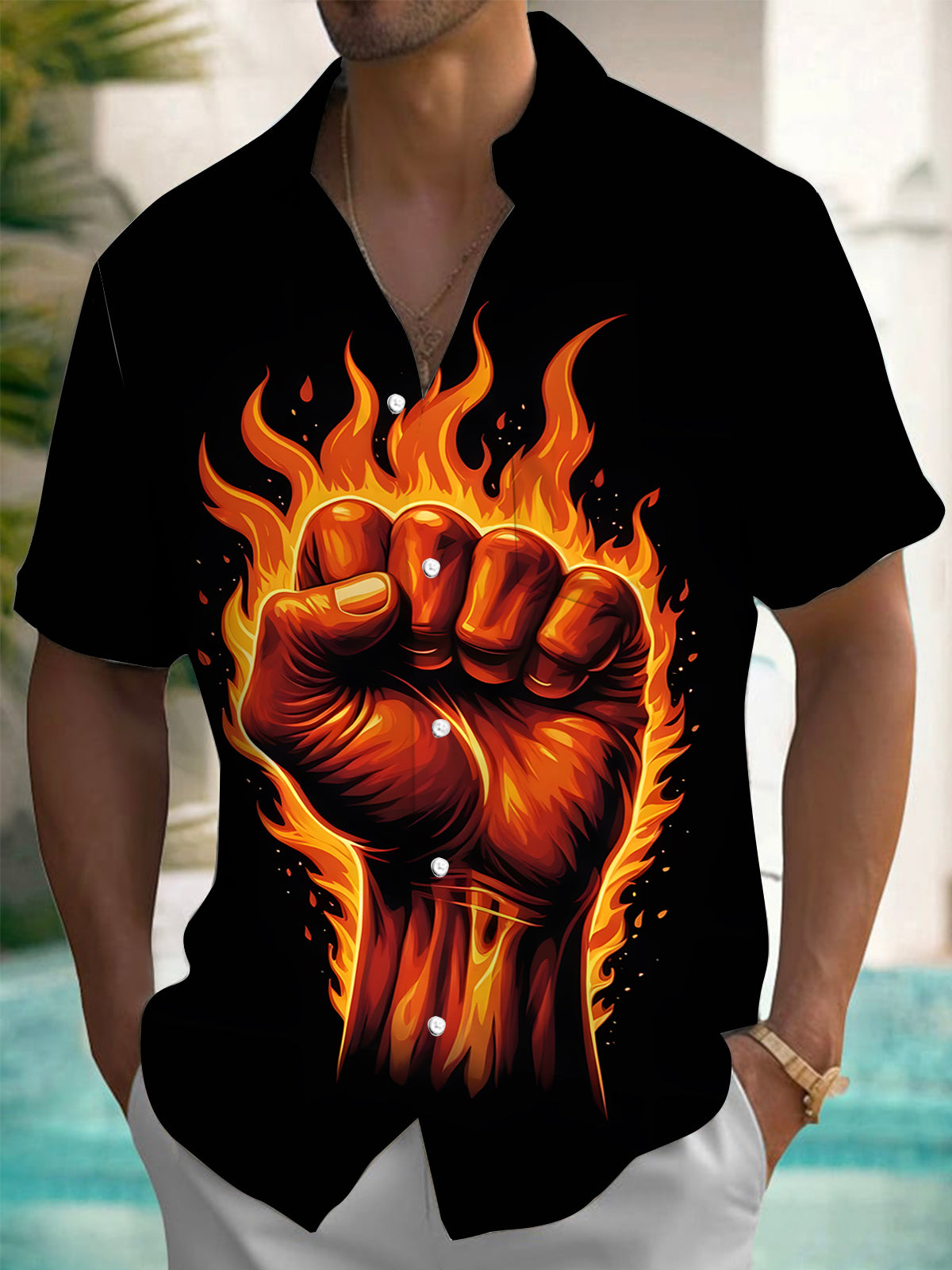 Flame Fist Print Men's Pocket Short Sleeve Shirts