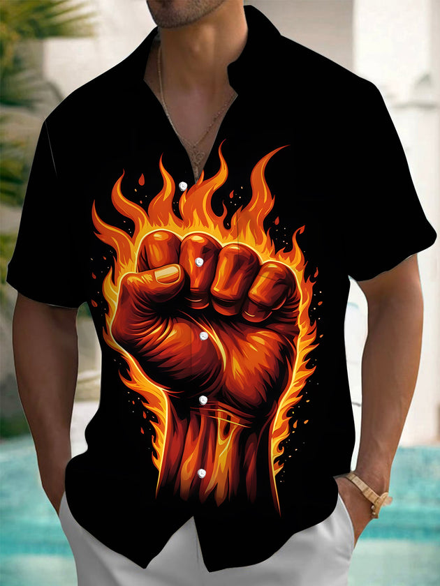 men's flame fist print short sleeve shirt front view