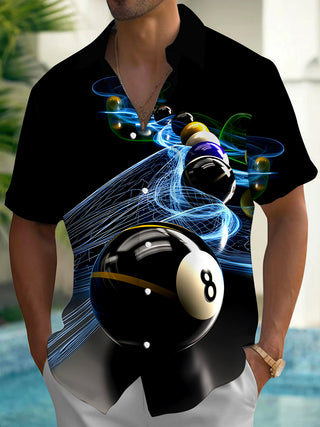 Men's billiards sports print pocket short sleeve shirt front view
