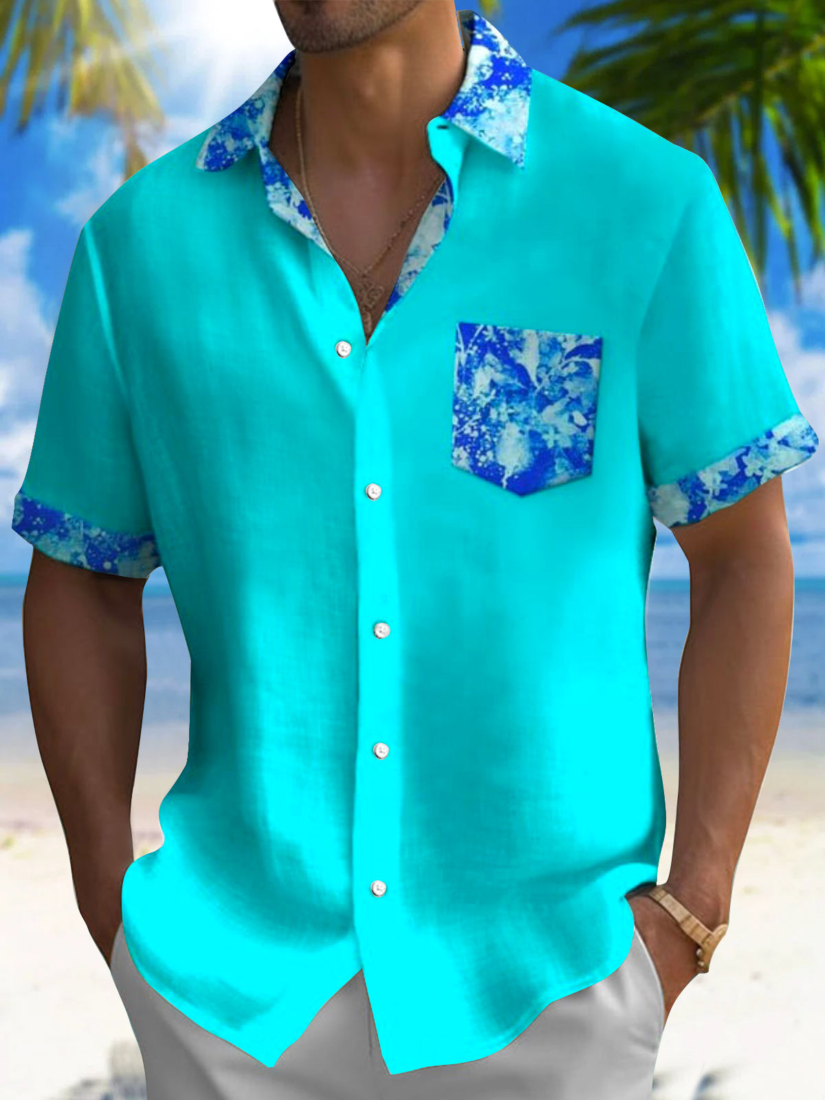 Floral Short Sleeve Men's Shirts With Pocket