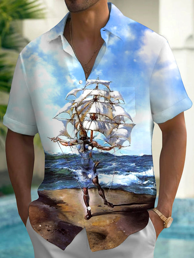 Men's short sleeve Hawaiian shirt front view for tropical beach vacation