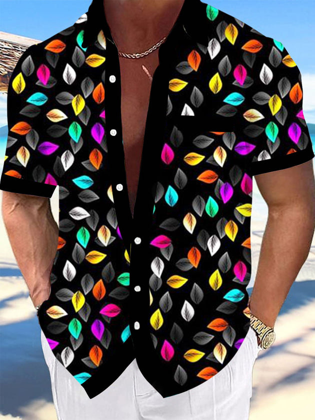 Men's colorful leaf print short sleeve shirt front view