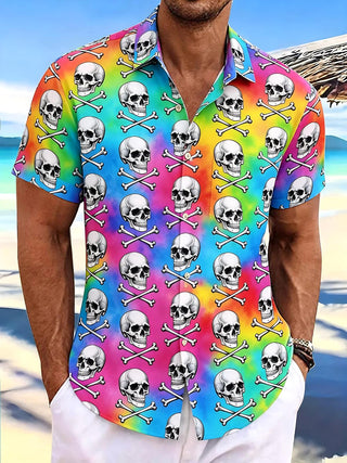 Colorful Gradient Skull Print Men's Pocket Short Sleeve Shirts