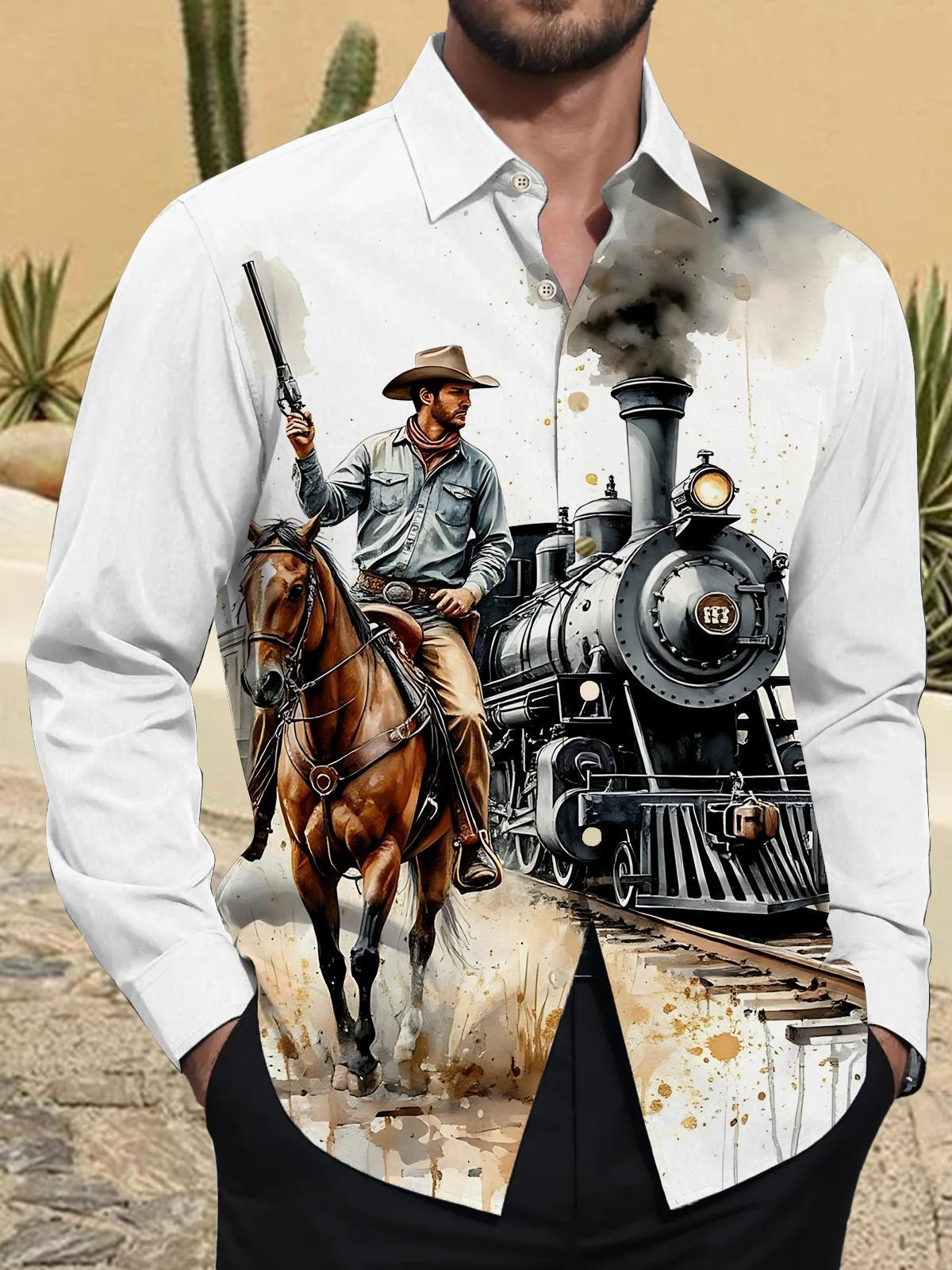 Western Cowboy Train Print Men's Pocket Long Sleeve Shirts