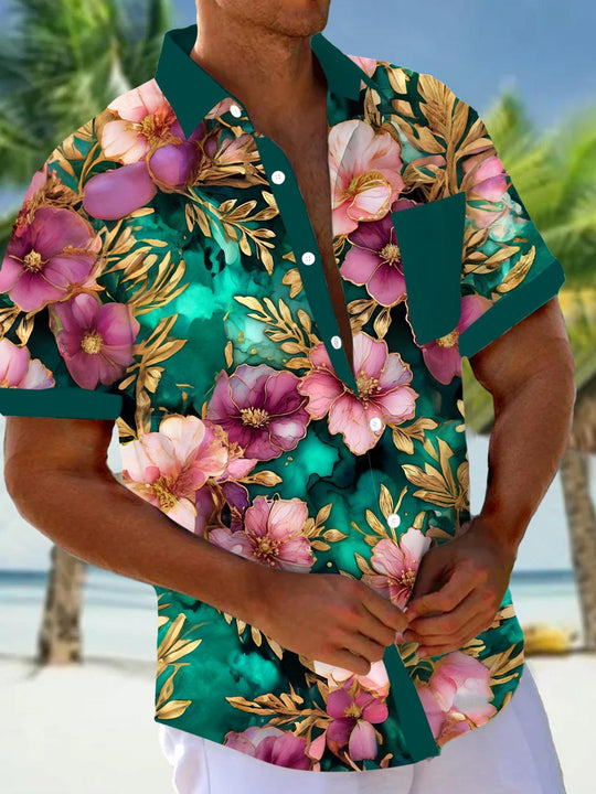 Men's floral short sleeve Hawaiian shirt front view for tropical beach vacation