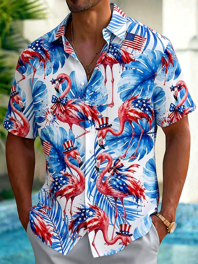 Independence Day American Flag Flamingo Leaf Print Men's Pocket Short Sleeve Shirts