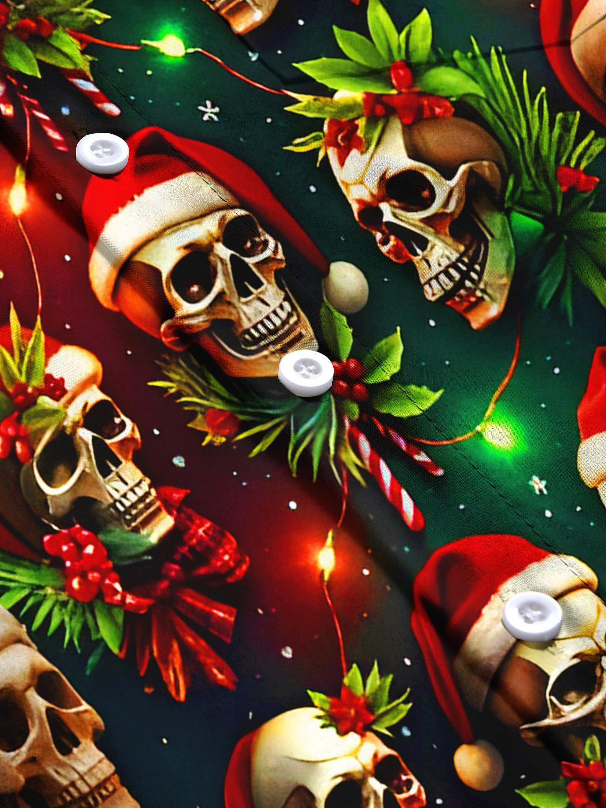 Funny Christmas Hat Skull Lights Xmas Men's Pocket Long Sleeve Shirts