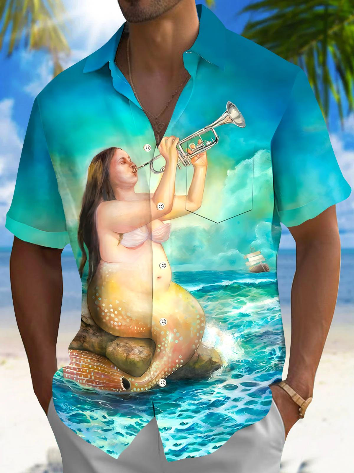 Hawaiian Mermaid Men's Pocket Short Sleeve Shirts