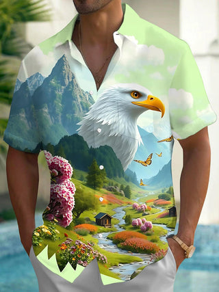 Men's eagle landscape print short sleeve shirt front view