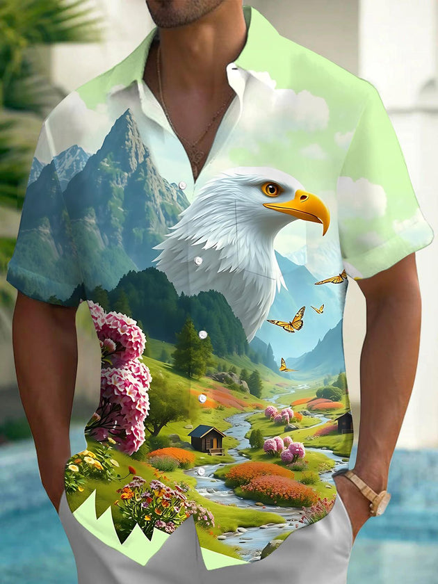 Men's eagle landscape print short sleeve shirt front view