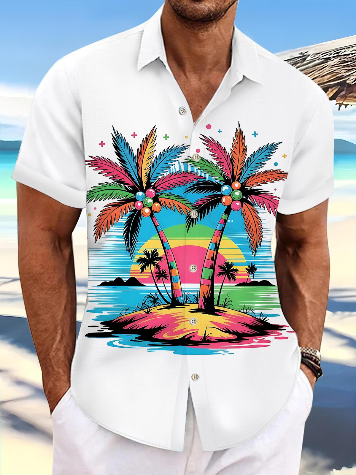 Coconut Tree Print Men's Pocket Short Sleeve Shirts